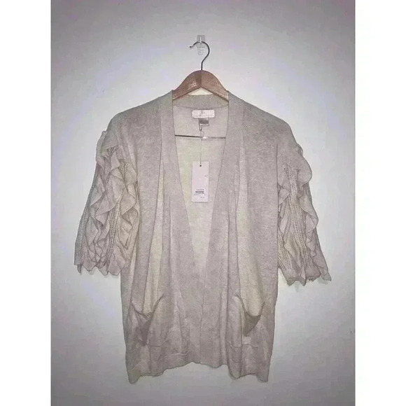 Rachel Parcell Ruffle Pointelle Short Sleeve Cardigan Sweater Size M - Picture 2 of 11
